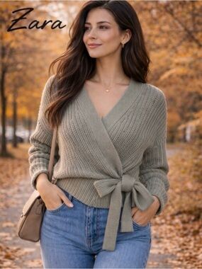 Zara NWT Wrap Sweater Tie Front Belted Knit Light Sage Green V
Neck Cropped. L